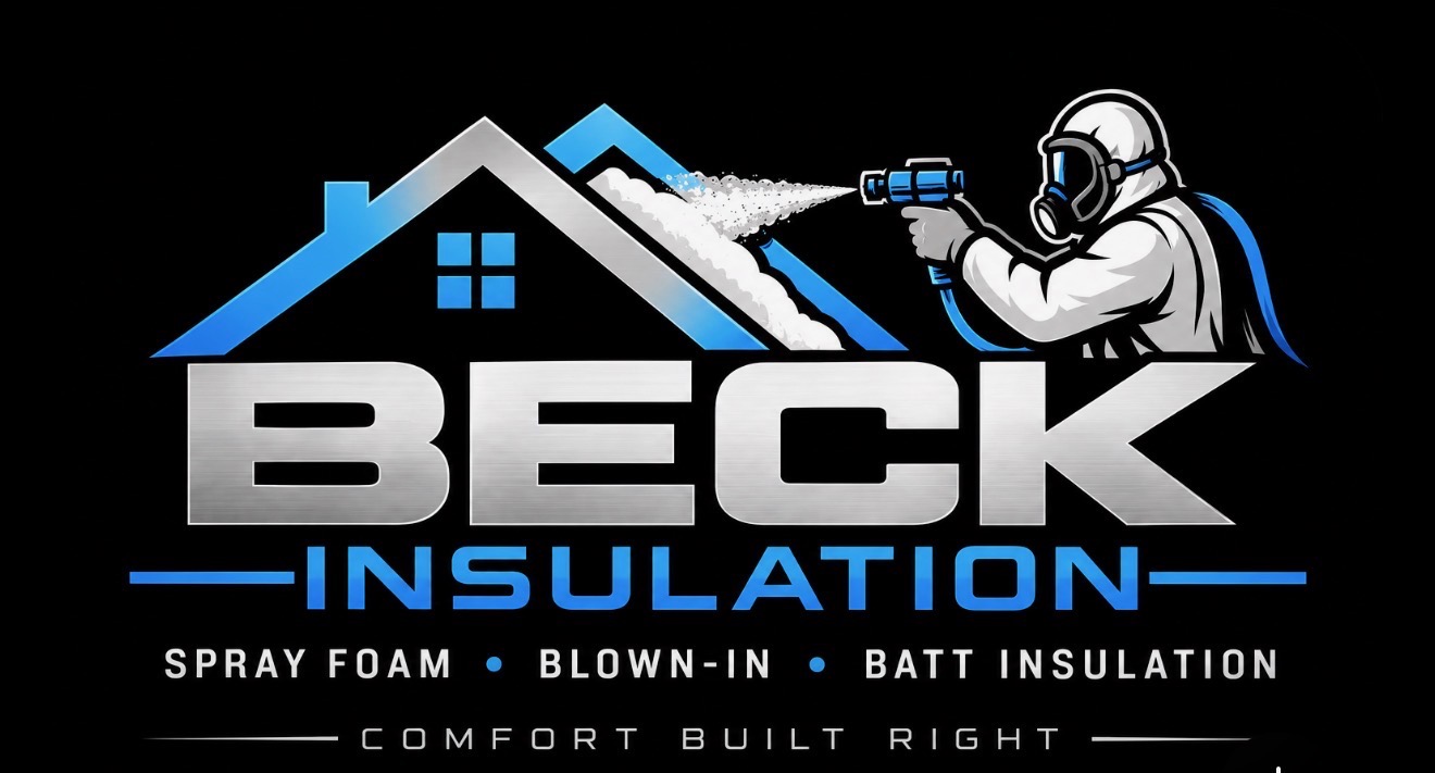 Official Beck Insulation logo featuring a roof and spray foam worker, with the tagline Comfort Built Right